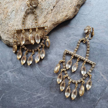 1990s Crystal Gold Chandelier Earrings Clips  90s Oversized Rhinestone Sparkle Drop Dangle Earrings Party Dressy Glam Lux Evening Red Carpet 