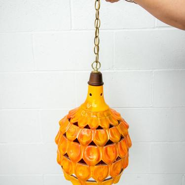 Ceramic Bright Orange and Yellow Drip Glaze Lattice style Hanging Pendant Lamp 
