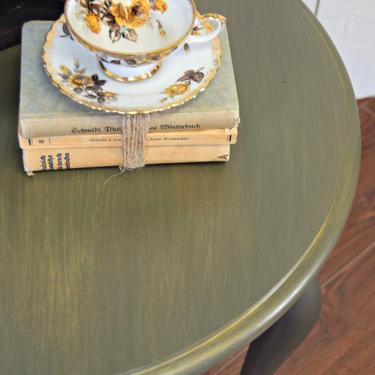 Green Side Table | Green Accent Table | Queen Ann Table | Olive Green Table | Green and Gold Trim End Table | Small Round Green Table 
