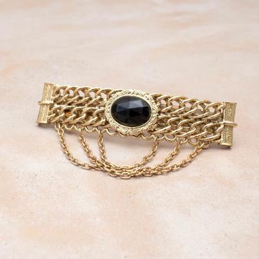 Vintage 1980s Gold Barrette - Elegant Gold Chain & Black Gem Hair Clip Made in France 