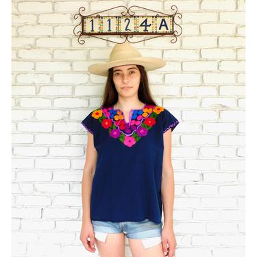 Mexican Blouse // vintage cotton boho hippie Mexican embroidered dress hippy tunic mini dress navy blue // O/S 