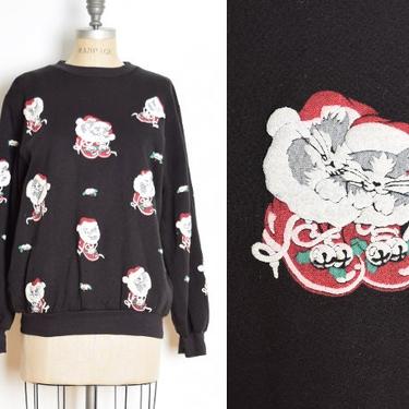 vintage 80s sweatshirt Christmas cats kitties puffy print black top shirt L XL Scarab clothing 