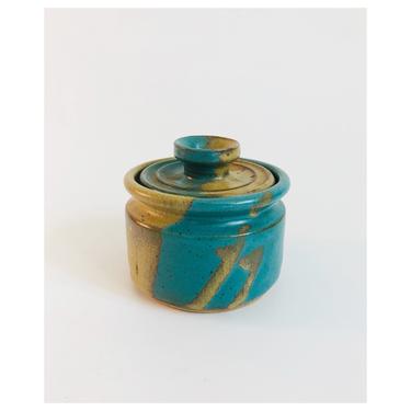 Vintage Turquoise and Tan Pottery Container 