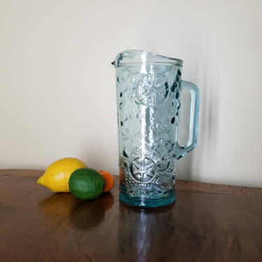 Vintage Lemonade Pitcher / Coke Bottle Glass Pitcher / Skinny Blue Glass Pitcher / Summer Party Flower Vase Decor 