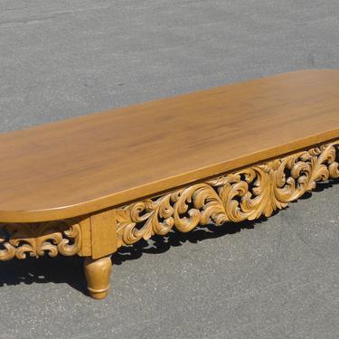 Vintage 96&amp;quot; Long Mid Century Modern Coffee Table Carved Scrolls Gothic 