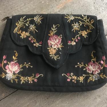1920s French Dance Clutch Bag, Floral Embroidery, Forbidden Stitch, Original Label, Made In France, KH 