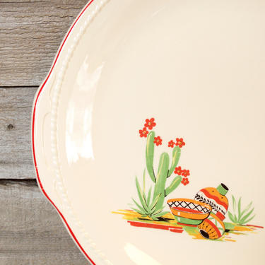 TAYLOR SMITH TAYLOR Mexican Fantasy Platter, Red Trim, Flowering Cactus Pots, Desert, Southwest Vintage, Early Mid Century Plate, Dinnerware 