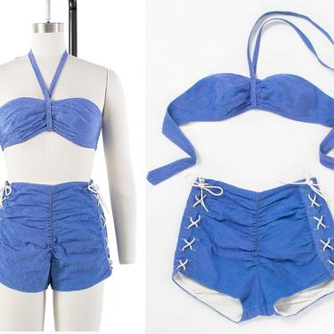 Vintage 1940s Swimsuit | 40s Lace-Up Bikini Blue Halter Bandeau High Waisted Shorts Two Piece Bathing Suit (small) 