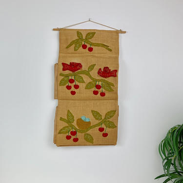 Vintage Burlap and Felt Paper Bag Holder, Wall Hanging Paper Bag Holder 