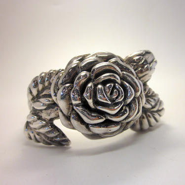 Sterling Silver Rose Blossom Rosebud Botanical Style Oversize Statement Textured Cuff Bracelet 