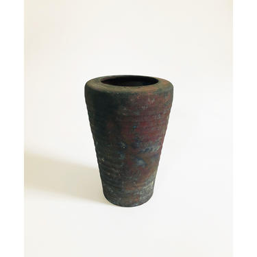 Large Vintage Dark Raku Pottery Vase 