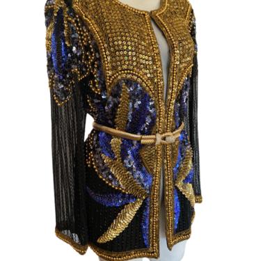 80s gold beaded duster, cobalt blue long beaded opera coat, vintage gold maxi dress jacket, opera coat, trophy jacket, size large 