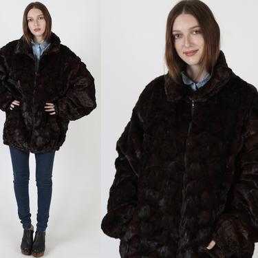 Vintage 80s Mahogany Mink Fur Bomber Jacket / Oversized Mens Plush Patchwork Coat / 1980s Zip Up Unisex Coat Extra Large XXL 