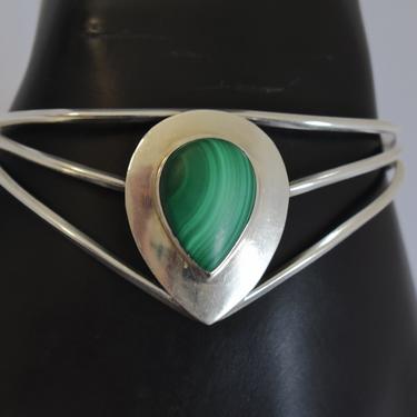 Elegant 80's sterling malachite tribal statement cuff, big unusual three tiered 925 silver green teardrop stone shield bracelet 