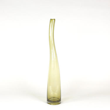 Vintage handmade green tall fluid shape vase | Art Glass 