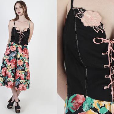 Black Garden Floral Corset Dress / Vintage 70s Dark Smocked Dress / 1970s Tropical Print Garden Mini Midi Dress 