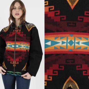 Vintage Black Pendleton Jacket 80s Aztec Print Pendleton Coat Native American Southwestern Wool Blanket Bomber Mens Medium M 