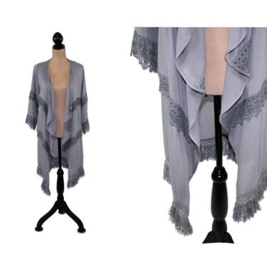 Bohemian Style Open Cardigan Duster Jacket Slate Blue Hippie Clothes Boho Clothing Women Fringe and Lace Romantic Rayon Kimono Robe 