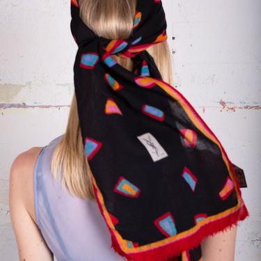 Yves Saint Laurent 1980s Abstract Printed  Logo Head Scarf Color Block Rainbow Woven Multicolor YSL 