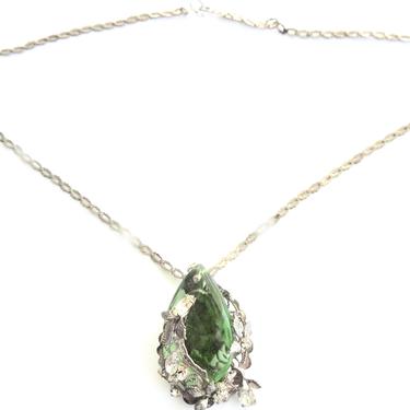 Green Crystal and Rhinestone Pendant on Silver Tone Chain 