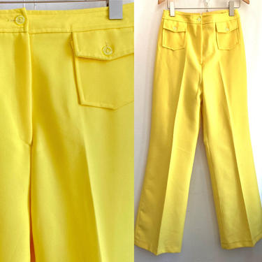 Vintage 1970s SUNNY LEMON YELLOW Pants Trousers / Front Patch Pockets + High Rise + Bell Leg 
