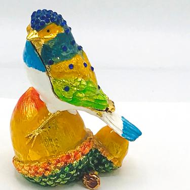 Bird on Acorn Vintage Jewelry Trinket Box with Hinged Lid Enamel Jeweled Crystal 