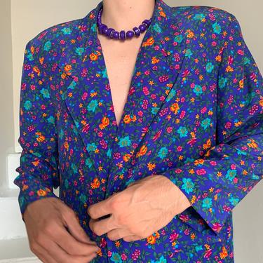 1980s Silk LIZ CLAIBORNE Pantsuit Bright Blue With Tiny Floral Print Size Medium Vintage 