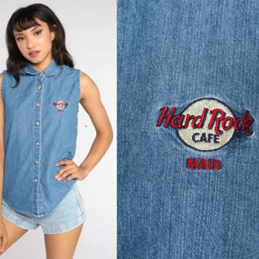 Hard Rock Cafe Maui Shirt Denim Shirt Hawaii Shirt Sleeveless Button Up Tank Top 90s Jean Vest Denim Vintage Blue 1990s Medium 