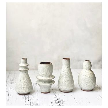 SHIPS NOW- Seconds Sale- set of 4 Ceramic Mini Bud Vases with Textural Rustic Crater White Glaze. mid century miniature vases for flowers 