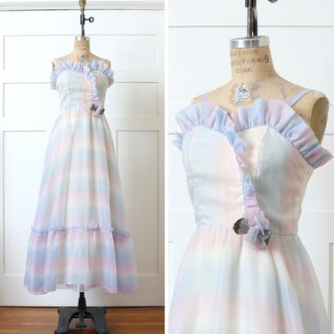 vintage 1970s rainbow dress • ruffled chiffon formal full length gown in candy pastel stripes 