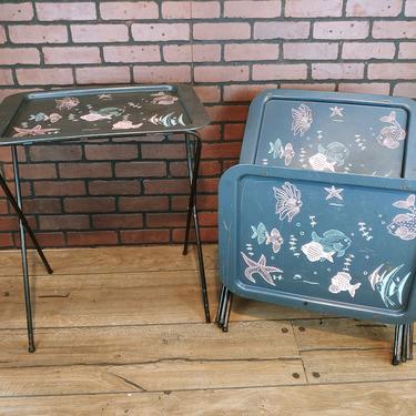Set of 4 Black Pink and Blue Fish Metal TV Tray Space Saver Set with Storage Rack 