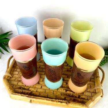 Vintage Tiki Tumblers, Siestaware wood wrapped frosted glassware 
