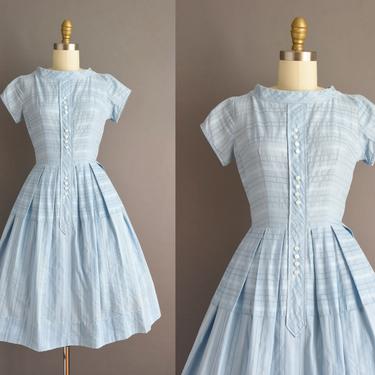 vintage 1950s dress | Adorable Blue Cotton Short Sleeve Full Skirt Dress | XS Small | 50s vintage dress 