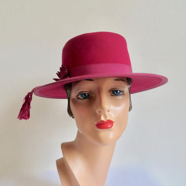 Vintage 1950's Rasberry Red Felt Spanish Bolero Style Hat Flamenco Dancer Nautilus Tassels Trim BabetteKaufman's 50's Millinery Medium 