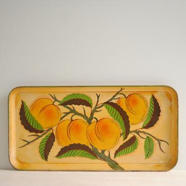 Vintage Hand Painted Peach Tray, Rectangular Yellow Tray with Peach Tree Design 