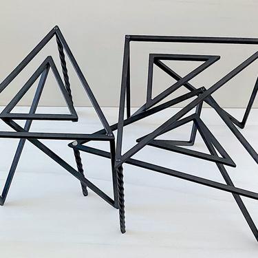 Vintage Set of 3 Post Modern 1970s 1980s Wrought Iron Modernist Triangular Triangle Side Tables 