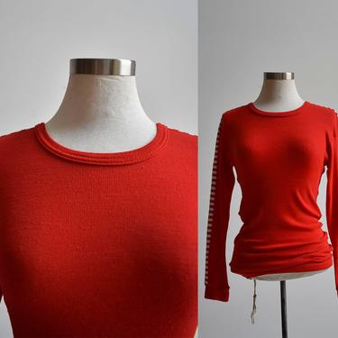 70s Red Ribbed Striped Longsleeve Tee 