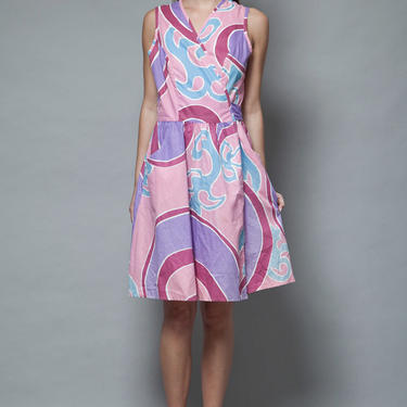psychedelic wrap dress printed cotton purple pocket sleeveless swirl print vintage 70s M MEDIUM 