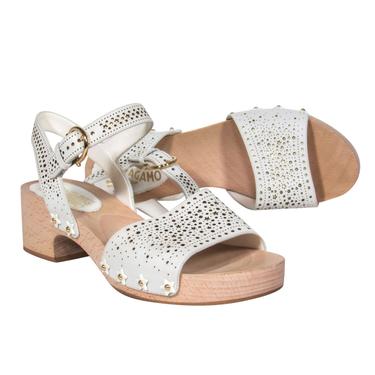 Ferragamo - White Leather Clog Style Sandals w/ Golden Stars Sz 8