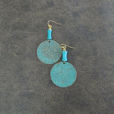 Patinated gold earrings, bohemian boho patina earrings, ethnic statement earrings, teal earrings, primitive etched brass, ornate earrings 8 