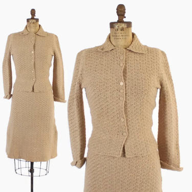 Vintage 40s KNIT SET / 1940s Creamy Beige Metallic Gold Lurex Sweater Knit Cardigan &amp; Skirt Dress Set S 