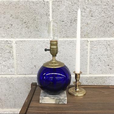 Vintage Lamp Retro 1970 Blue Glass + Round + Small + Marble Base + Orb + Table Lamp + Mid-Century Modern +  Mood Lighting + Lighting + Decor 