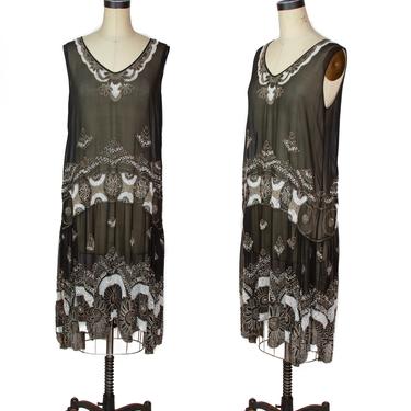 1920s Dress ~ Black Beaded Flapper Dress with Silver and White Art Deco Designs 