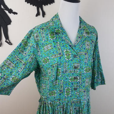 Vintage 1950's Shirt Waist Dress / 60s Novelty Print Day Dress XL/XXL 