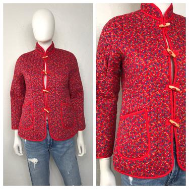 Vtg 70s red quilted blueberry calico toggle jacket XXS XS 