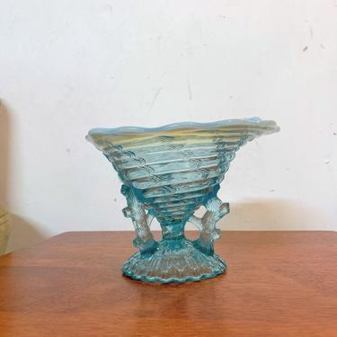 Antique Northwood Glass Opalescent Blue Ocean Shell Compote 