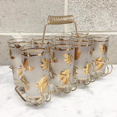 Vintage Caddy and Glasses Set Retro 1950s Libbey + Highball + Frosted + Gold Leaf + Set of 8 + Mid Century Modern + Kitchen and Bar Decor 