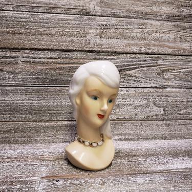 Vintage Lady Head Vase, Vintage Ucagco Woman Planter, Mid Century Modern, Long White Hair Green Eyes, Gold Necklace, Vintage Home Decor 