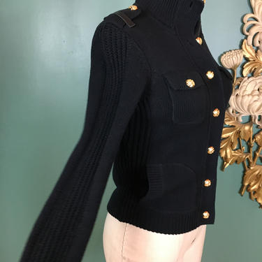 Ralph Lauren sweater, black cotton cardigan, military style, vintage sweater, 1990s designer sweater, uniform style, size small, epaulette 