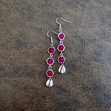 Long sea glass earrings, bohemian beach earrings, bold earrings, boho earrings, pink dangle earrings, geometric hexagon earrings, artisan2 